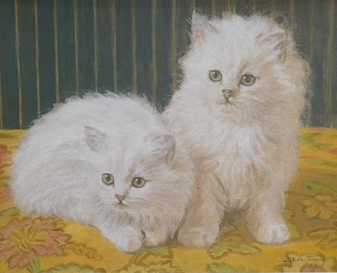 Elise Thompson (20th. C), oil on canvas board, Study of two cats, signed and dated 1932, 44 x 54cm. Condition - fair to good, a little dirty